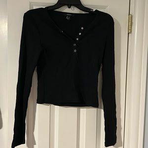 Black ribbed cotton quarter button long sleeve
